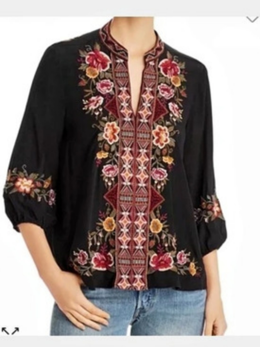 Johnny Was Silk Embroidered Blouse in Black & Red  Size L